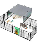 Super Sturdy Dog Playpen With Sun Shade Standing 24 Inches High Packs 16 Easy Clip Panels showing two dogs relaxing in spacious yard enclosure.