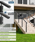 Built Like A Tank 12 Foot Stainless Steel Matte Black Handrail For Cable Railing System 3 Pack shown on modern staircase with comparisons.