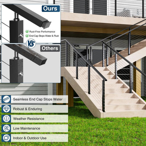 Built Like A Tank 12 Foot Stainless Steel Matte Black Handrail For Cable Railing System 3 Pack shown on modern staircase with comparisons.