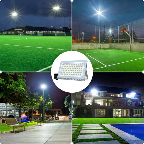 LED Flood Light Outdoor Security Light 40000 Lumens illuminating sports fields and residential areas at night
