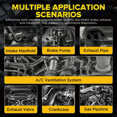 Diagram illustrating multiple application scenarios for Digital Vacuum Pressure Gauge For Cars with various car systems.