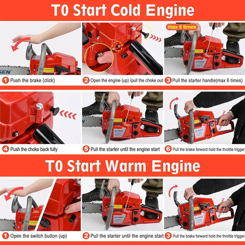 Instructions for starting the 62cc Gas Chainsaw With 18 Inch Bar, Two Stroke Gasoline Power Chain Saw Built For Cutting Trees, Logs