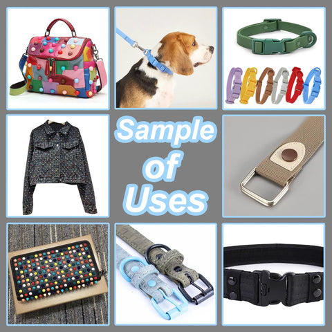 Sample uses of Colorful Leather Rivets Kit 380 Sets 8mm And 8x10mm 8x7mm on bags, dog collar, jackets, and belts.