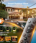 Remote control and outdoor setting featuring 100Ft Outdoor String Lights With Remote Dimmable Edison Bulbs, Waterproof Shatterproof Patio Lighting For Backyard Porch Garden Pergola, Chill Vibe Warm Ambience For Parties And Outdoor Decor