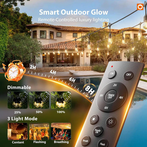 Remote control and outdoor setting featuring 100Ft Outdoor String Lights With Remote Dimmable Edison Bulbs, Waterproof Shatterproof Patio Lighting For Backyard Porch Garden Pergola, Chill Vibe Warm Ambience For Parties And Outdoor Decor