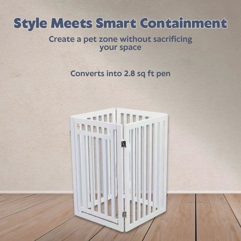 Freestanding 4 Panel Pet Gate With Walk Through Door Adjustable Indoor Dog Barrier Fence shown folded on wood floor.