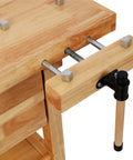 Close-up of 60 Inch Rubberwood Workbench With 4 Drawers, showing a sturdy clamp and reinforced top for shop projects.