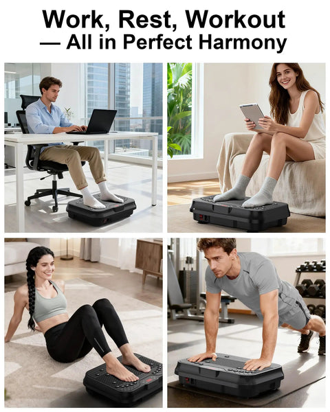 Four individuals using Total Body Vibration Plate For Kickstart Fat Burn And Lymphatic Drainage Home Gym Workout With 250 Speed Levels And 400 Lbs Capacity Plus Resistance Band Included For Home Use in different settings: office, home, and gym.