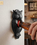 Solid Rockin Cast Iron Wall Mounted Bottle Opener Set Of Two Rustic Owl Design Heavy Duty Beer Cap Grabber With Mounting Screws For Kitchen Bar And Patio Ready Setup, bottle opener in action.