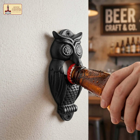 Solid Rockin Cast Iron Wall Mounted Bottle Opener Set Of Two Rustic Owl Design Heavy Duty Beer Cap Grabber With Mounting Screws For Kitchen Bar And Patio Ready Setup, bottle opener in action.
