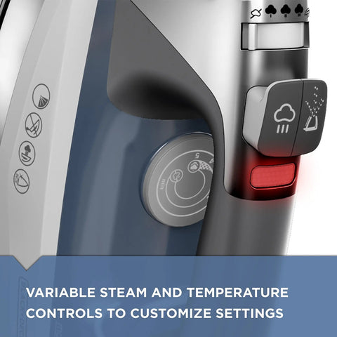 Close-up of variable steam and temperature controls on Allure Professional Steam Iron With Dynamic Steam Technology For Quick Wrinkle Busting On Clothes And Linens Blue Finish Auto Clean System High Performance Home Iron Model D3030.