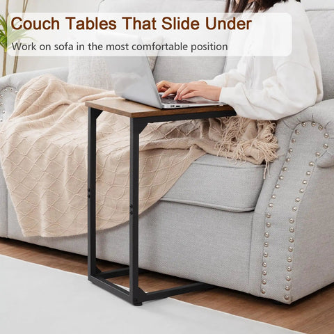 C Shaped End Table That Slides Under Couch For Small Spaces TV Tray Snack Table And Laptop Desk Brown Living Room Side Table For Sofa Or Recliner Perfect Under Couch Beverage Holder