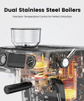 Premium Dual Boiler Espresso Machine With Integrated Grinder And 20 Bar Pressure Smooth Operator Milk Frother shown with dual stainless steel boilers.