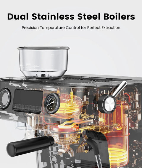 Premium Dual Boiler Espresso Machine With Integrated Grinder And 20 Bar Pressure Smooth Operator Milk Frother shown with dual stainless steel boilers.