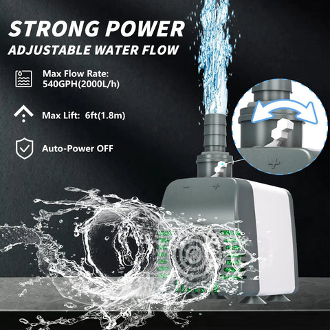 540 GPH Submersible Water Pump With Auto Shut Off And Adjustable Flow, Ultra Quiet For Fountains, Ponds, Aquariums, Fish Tanks.