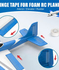 Hinge tape applied on foam RC plane with roll shown, part of Foam RC Plane Repair Kit With 4 Oz Foam Glue And Hinge Tape Roll