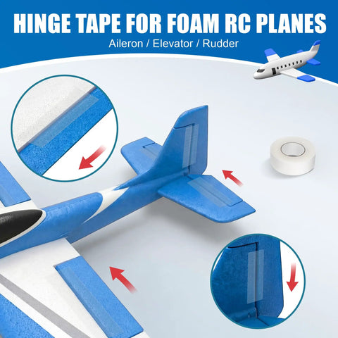 Hinge tape applied on foam RC plane with roll shown, part of Foam RC Plane Repair Kit With 4 Oz Foam Glue And Hinge Tape Roll