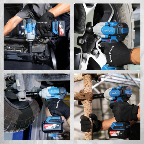 20V Brushless Impact Wrench Kicks 670 Ft Lbs Of Nut Breaking Torque At 2200 RPM Across Four Speeds As A Rugged Cordless Impact Gun in use on various fasteners.