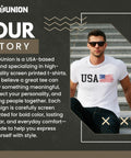 Man wearing a white USA flag tee and sunglasses sitting on steps next to TeeUnion branding and product story text.