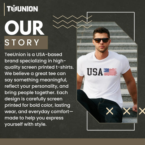 Man wearing a white USA flag tee and sunglasses sitting on steps next to TeeUnion branding and product story text.