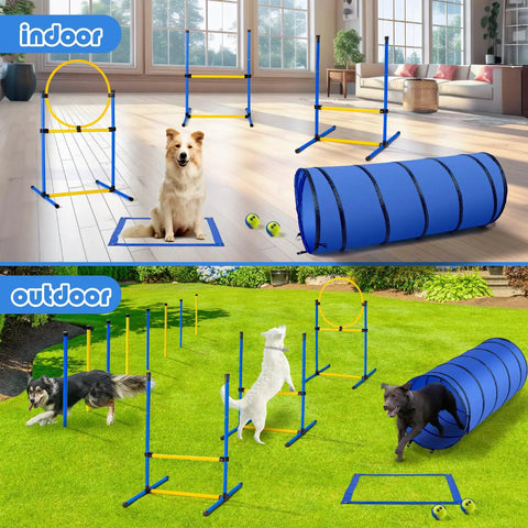 Indoor and outdoor setup of Backyard Dog Agility Course Set All In One Obstacle Kit With Pro Grade Hurdles Jump Ring 8 Weave Poles Tunnel