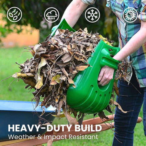 Big Leaf Scoops For Fast Leaf Cleanup Ergonomic Handheld Rakes With Oversize Claws For Lawn Debris Works Wet Or Dry Protective Guard Against Nettles And Bushes Lifetime Quality Guarantee 1 Pair in use collecting leaves on grass.