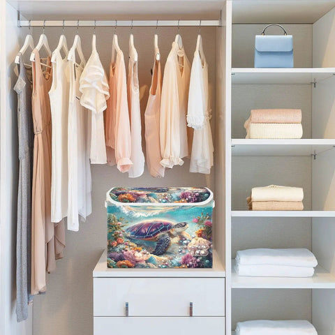 Kick Some Clutter With These Heavy Duty Foldable Storage Bins, Featuring Snug Click Lids And Super Sturdy Handles, Plus Collapsible Oxford Basket Organizers For Real Closet Solutions in a closet with hanging dresses.