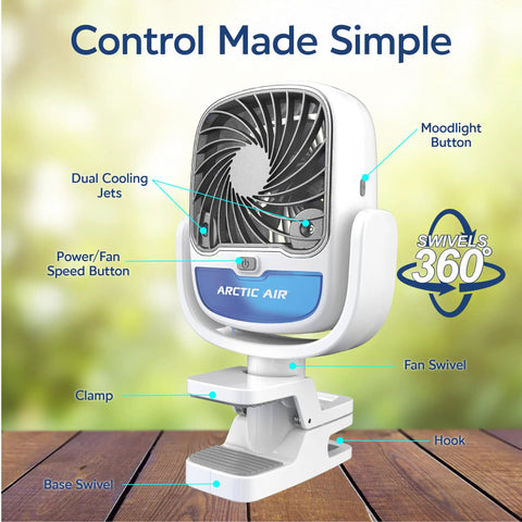 Cordless Personal Air Cooler With USB Charging 3 Speed Options Universal Clamp 360 Degree Swivel 5 Hour Battery front view