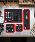 Flexible PVC Magnetic Tool Mat Set In Four Sizes 40 Lb Holding Force Non Slip Tool Tray Pads With Hanging Hole For Automotive Maintenance And Garage Workshops Keeps Screws And Wrenches From Rolling, four mats on workbench