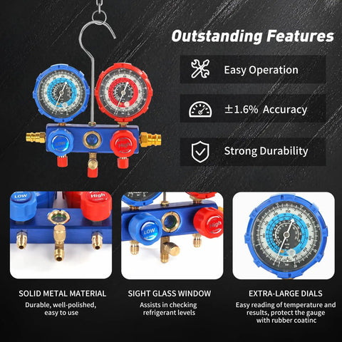 3 Way AC Manifold Gauge Set With Quick Couplers And 410 Adapter For R134A R410A R22 R404A features and close-up views