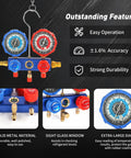 Beefy Vacuum Pump And Gauge Set With Aluminum Manifold, 4.5 CFM, Quick Couplers, 410 Adapter, Can Tap Tool, And Carrying Tote For R134A R410A R22 R404A Refrigerants And AC Maintenance with blue and red gauges