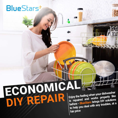 Woman loading dishwasher with plates next to Ultra Durable Beefy Metal Dishwasher Rack Adjuster Kit Replacement Part For Whirlpool And Kenmore.