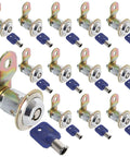12 Pack Tubular Cam Lock Set 1-1/8 Inch Cylinder, 90 Degree Cabinet Locks shown with keys, Chrome Finish Zinc Alloy, Keyed Alike