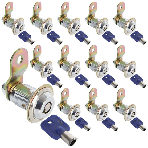 12 Pack Tubular Cam Lock Set 1-1/8 Inch Cylinder, 90 Degree Cabinet Locks shown with keys, Chrome Finish Zinc Alloy, Keyed Alike