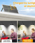 Solar panel charging Dual Color Solar Shed Lights 2 Pack With Remote, showcasing cool white and warm white lighting options indoors.