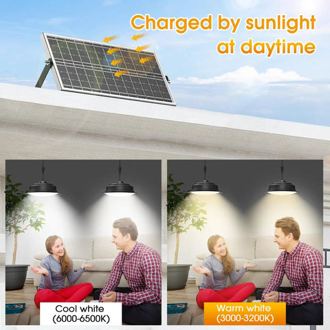 Solar panel charging Dual Color Solar Shed Lights 2 Pack With Remote, showcasing cool white and warm white lighting options indoors.