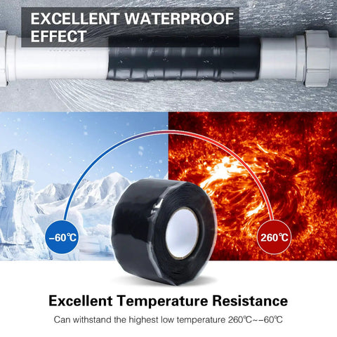 Two Rolls Self Fusing Silicone Tape 1 Inch By 10 Feet Black Weatherproof Pipe Repair Tape shown on pipe and roll form