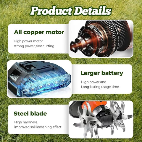 Copper motor, large battery, steel blade features of Cordless Mini Tiller With Five 1500mAh Batteries And Fast Charger, 235RPM Handheld Cultivator.