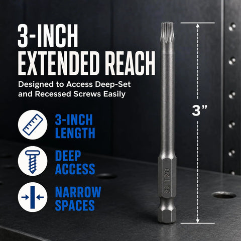 3-inch Magnetic Torx Security Bit Set S2 Steel Driver for deep access to recessed screws, ideal for narrow spaces.