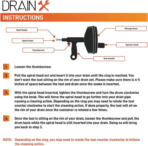 Pro 50 Foot Heavy Duty Steel Drum Drain Auger Plumbing Snake With Work Gloves And Storage Bag instructions diagram