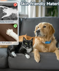 Dog and cat on sofa with skin-friendly, anti-scratch upholstery, showing contrast between easily scratched and durable material.