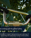 Auto Locking Carabiner 50KN For Tough Climbs And Rappelling Heavy Duty Steel D Shaped Captive Pin UIAA ANSI Compliant Rock Climbing Gear. Close-up view showing locking mechanism with ropes attached against nature backdrop.