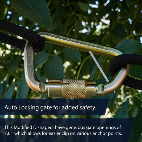 Auto Locking Carabiner 50KN For Tough Climbs And Rappelling Heavy Duty Steel D Shaped Captive Pin UIAA ANSI Compliant Rock Climbing Gear. Close-up view showing locking mechanism with ropes attached against nature backdrop.