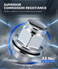 Lug nut with shiny chrome finish, labeled superior corrosion resistance, part of set of 20 12x1.5 lug nuts with mag seat for Toyota cars.