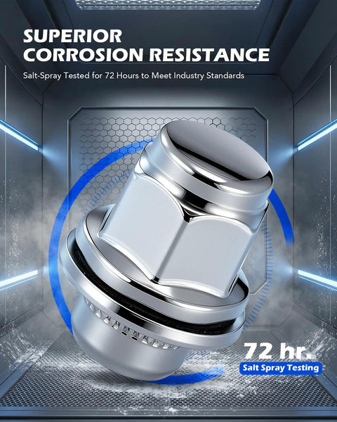 Lug nut with shiny chrome finish, labeled superior corrosion resistance, part of set of 20 12x1.5 lug nuts with mag seat for Toyota cars.