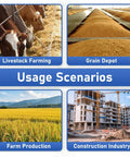 Image showing usage scenarios for Workhorse Portable Grain Conveyor Auger For Home And Farm in farming and construction settings.