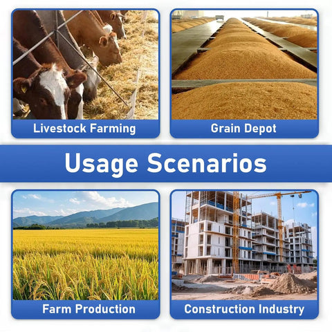 Image showing usage scenarios for Workhorse Portable Grain Conveyor Auger For Home And Farm in farming and construction settings.