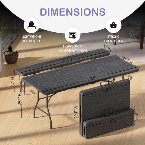 Six Foot Folding Picnic Table Set With Two Benches HDPE Wood Pattern Top shown with dimensions and foldable feature