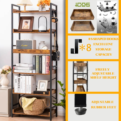 Adjustable Six Tier Open Bookcase With Mid Century Rustic Farmhouse Charm and Industrial Wood and Black Metal Build featuring books and decor.