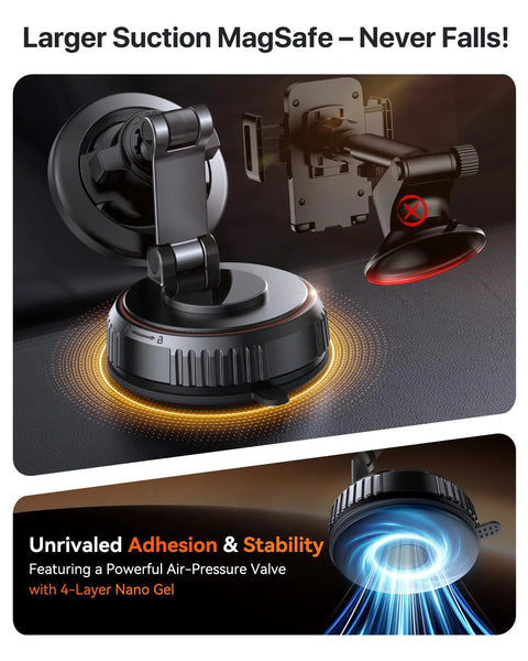 MagSafe Car Mount With Ultra Strong Vacuum Suction Base And 360 Degree Rotating Dashboard And Windshield Holder shown in close-up